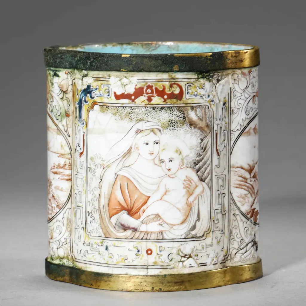 A Chinese copper-bodied painted enamel begonia-shaped brush pot, Qianlong period.